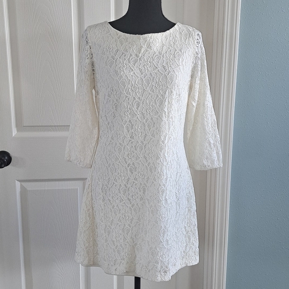 Sequin Heart Lined Lace Stretch Shift 3/4 Sleeve Chic Fitted Formal Dress - Picture 1 of 10